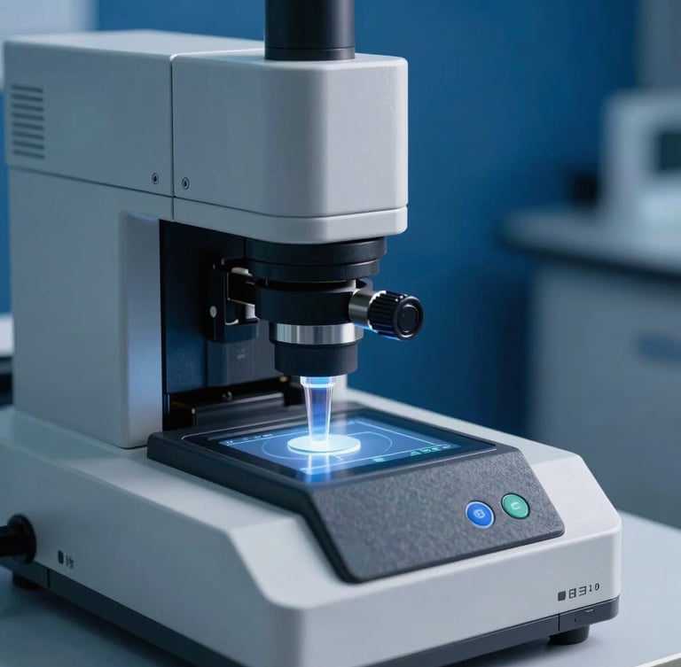 Close-up shot of a modern laboratory testing environment, cool clinical lighting, sharp focus on a high-precision digital spectrometer analyzing chemical samples, slate gray and deep blue background.