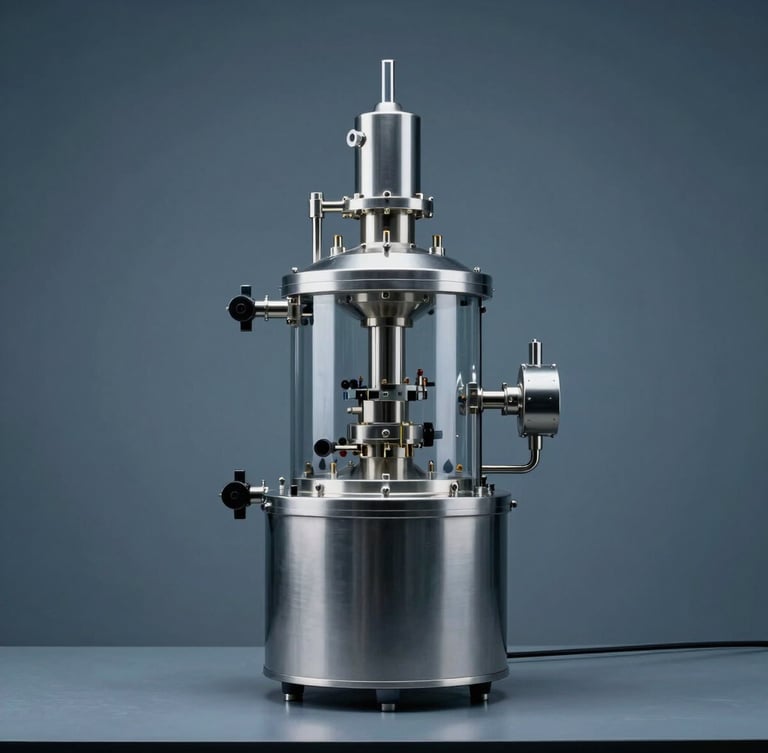 High-tech chemical reactor with cool clinical studio lighting, deep blue and slate gray tones, sharp focus, 35mm