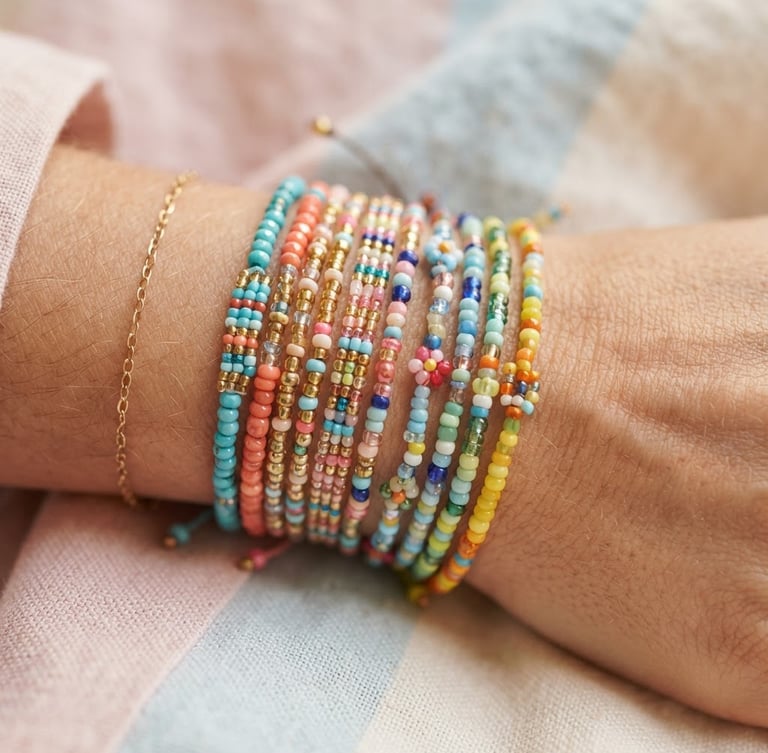 A close-up macro photograph of colorful hand-strung glass bead bracelets stacked on a wrist, resting against a soft pastel-tinted linen background under warm, diffused daylight.