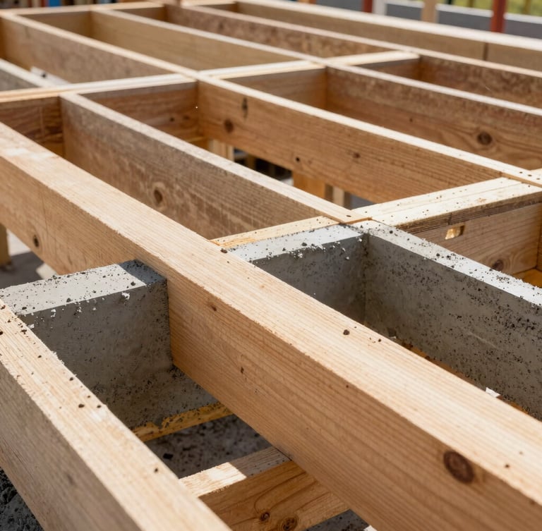 Close-up architectural shot of raw construction materials, textured wood grain framing, and fresh concrete curing under bright Florida sunlight.