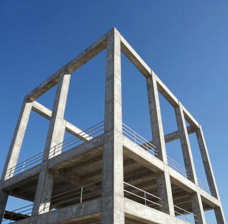 Low-angle architectural shot of a modern steel and concrete building frame under bright Florida daylight, clear blue sky, sharp focus, high-contrast