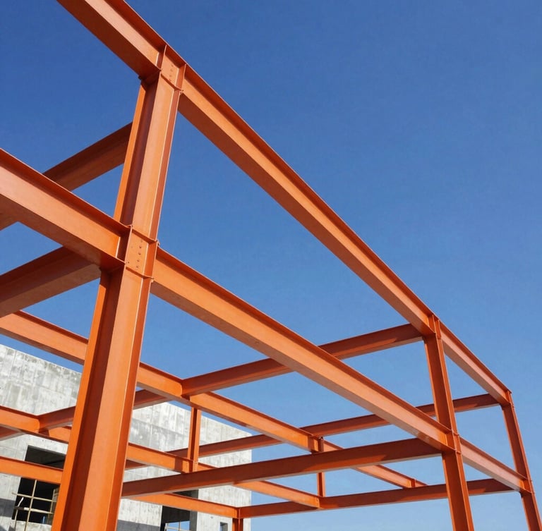 Low-angle architectural shot of a modern steel and concrete structure under a bright blue Florida sky, high-contrast daylight, vivid orange steel beams