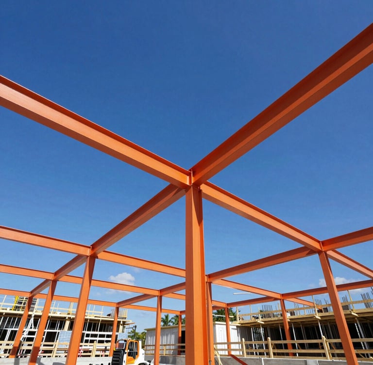 Low-angle dynamic shot of an active residential construction site in Florida, clean framing, bright daylight under a vivid blue sky, safety-orange steel beams cutting across the frame.