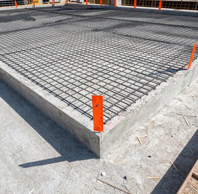 Wide-angle shot of a freshly poured concrete foundation with steel rebar grids, bright daylight, high-contrast safety orange markers, sharp focus