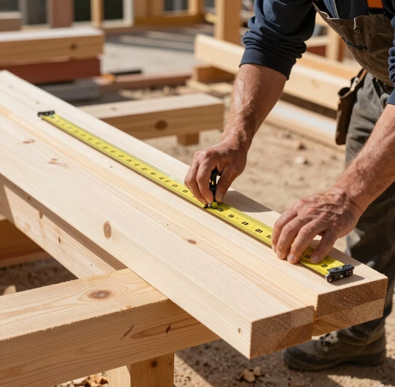 Close-up of a professional carpenter measuring clean southern yellow pine lumber on an active, organized construction site, bright daylight, sharp focus
