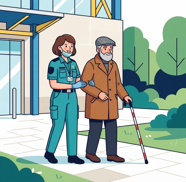 Clean high-contrast graphic illustration of a friendly quarantine officer guiding a citizen with a cane, flat colors, bold outlines, bright studio lighting