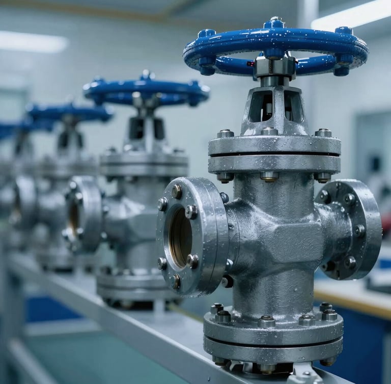 Close-up of a heavy-duty industrial valve installation in a clean environment, metallic textures highlighted by cold blue light, left-aligned composition.