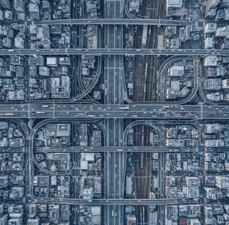 Wide-angle orthographic view of a complex, high-density urban infrastructure grid, cool diffused daylight, desaturated blue and slate tones, sharp focus, no text.