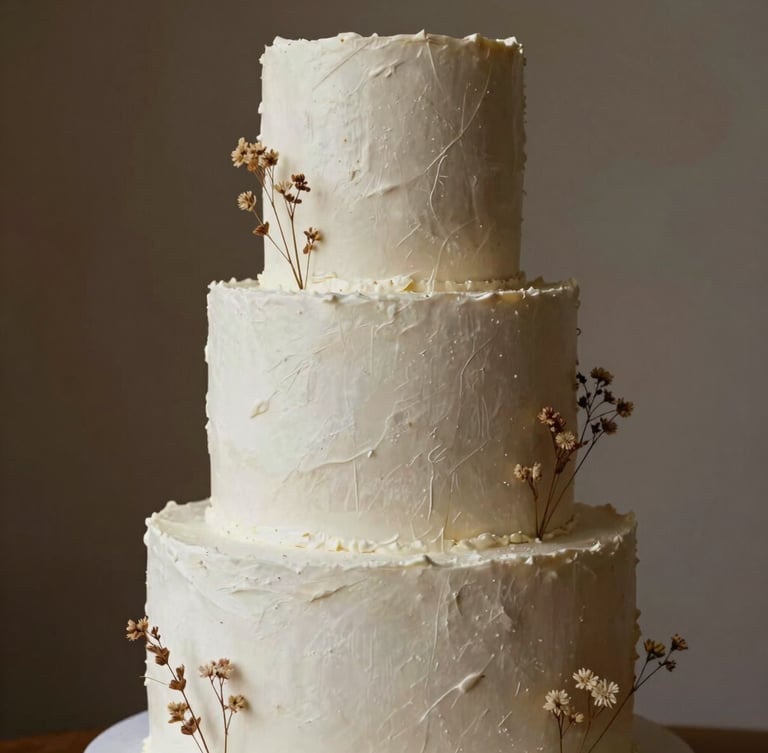 Elegant multi-tiered custom cake with minimalist white textured frosting, adorned with delicate dried botanical elements, warm side lighting