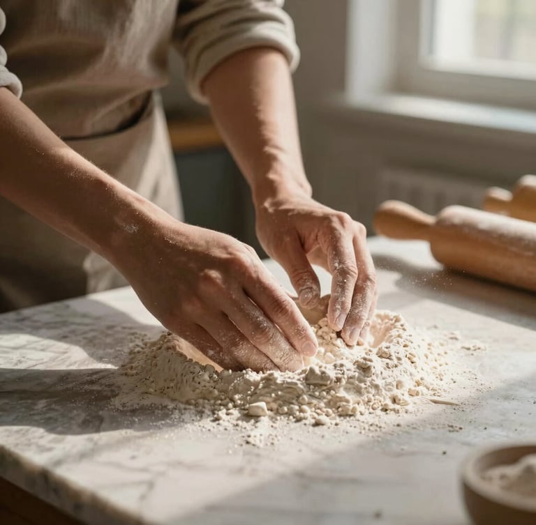 A close-up of hands dusting organic flour over a marble workspace, soft morning light filtering through a window, warm beige tones.