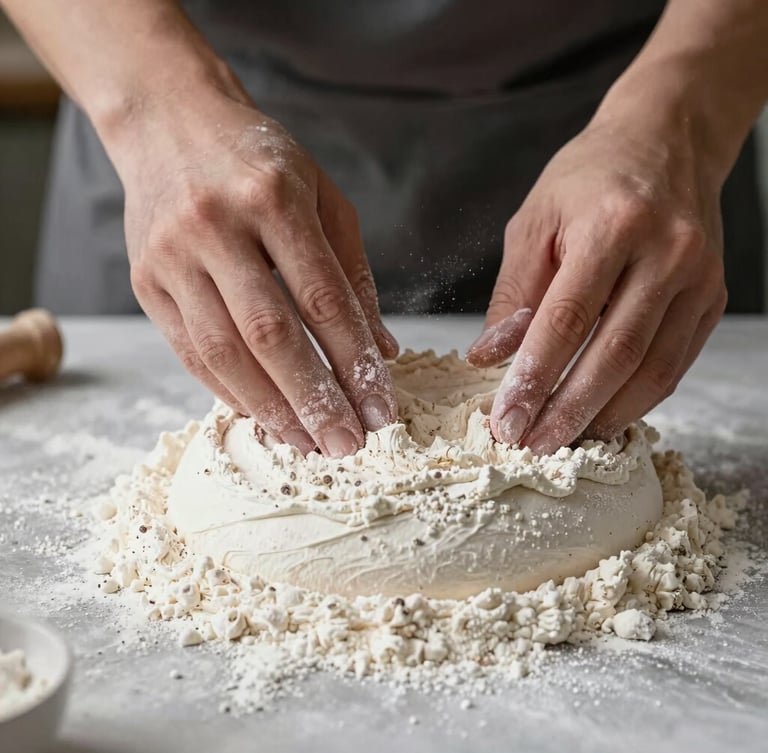 Close-up of hands dusting organic flour over a beautifully shaped cake, soft morning light