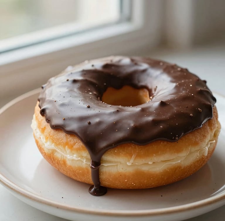 Macro shot of a freshly baked donut with a glossy, warm dark chocolate glaze dripping down the side, resting on a rustic cream-colored ceramic plate, soft morning window light, shallow depth of field.