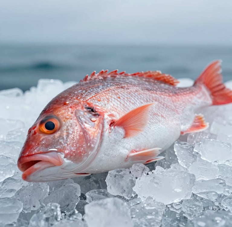 Extreme close-up of a glistening whole red snapper resting on clean crushed ice, sharp macro focus, cool overcast daylight, deep ocean blues, 35mm