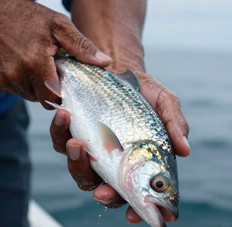 Extreme close-up of a fisherman's weathered hands holding a freshly caught fish with glistening scales, cool overcast daylight, 35mm documentary style