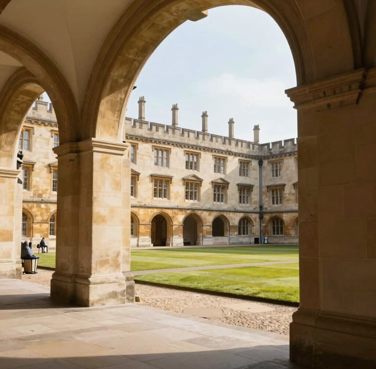 Wide environmental shot of a historic European university campus, warm morning daylight casting shadows on stone arches, shallow depth of field, 35mm.