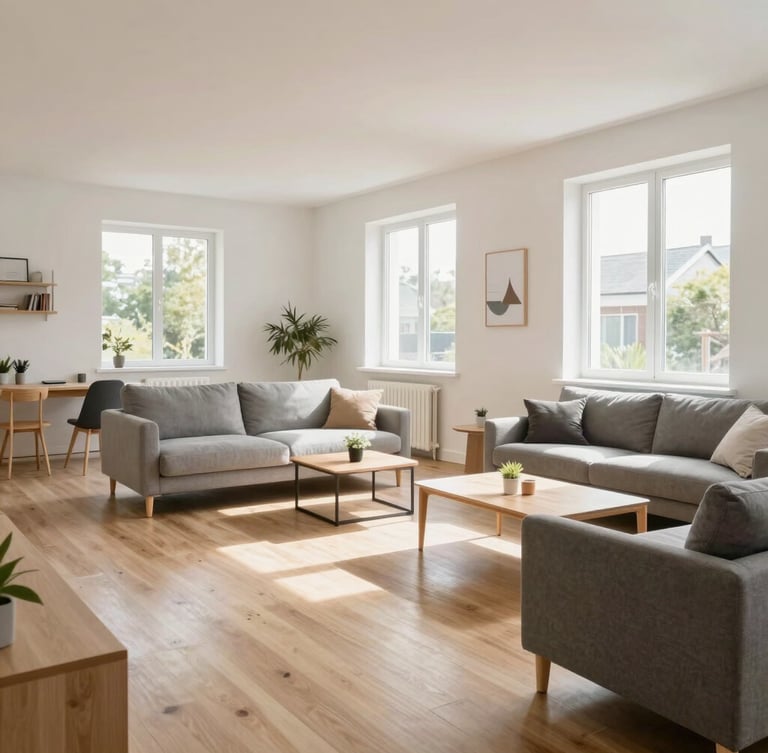 A bright, clean communal living room inside a supported housing facility, featuring minimalist modern furniture, light oak flooring, and large windows with natural daylight.