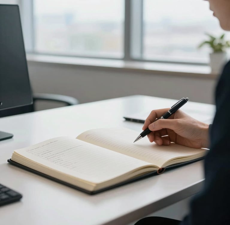 A professional social worker's desk in a bright, modern UK office, an open notebook with structured notes, a clean pen, soft natural overcast window light, professional and calm atmosphere.