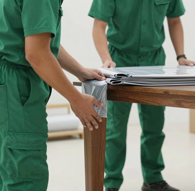 Close-up of professional moving crew in clean emerald green uniforms carefully wrapping a polished wooden table leg with protective double-walled packing material, bright daylight.