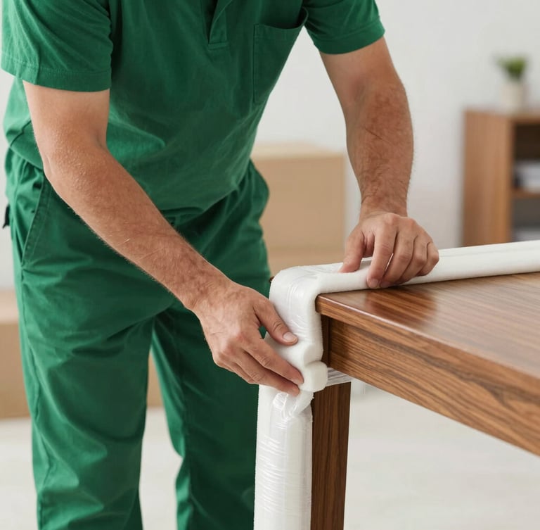 Close-up documentary shot of a professional mover in a clean green uniform carefully wrapping a polished wooden table leg with thick protective foam and stretch film, natural daylight