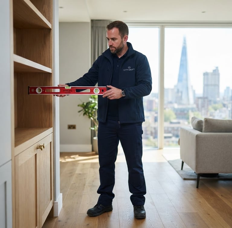 A professional craftsman in clean, branded navy work attire, holding a high-quality spirit level, standing in a bright, modern London apartment interior, natural daylight, sharp focus, 35mm