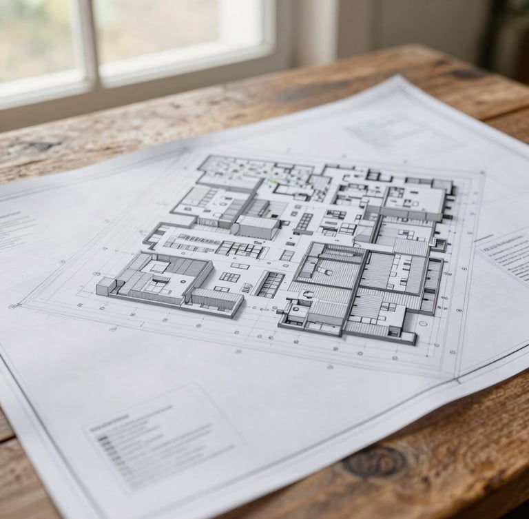 Close-up architectural detail of a physical site map and blueprint laid out on a rustic wooden table, soft natural window light, muted realistic earth tones, high detail