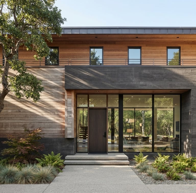 Straight-on architectural photograph of a modern residential home facade, clean lines, warm cedar and dark concrete materials, bright natural daylight, soft shadows, wide-angle lens