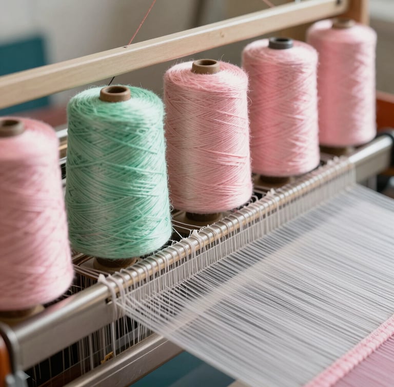 Macro close-up of pastel green and soft pink yarn spools feeding into a high-speed weaving loom, bright diffused studio lighting