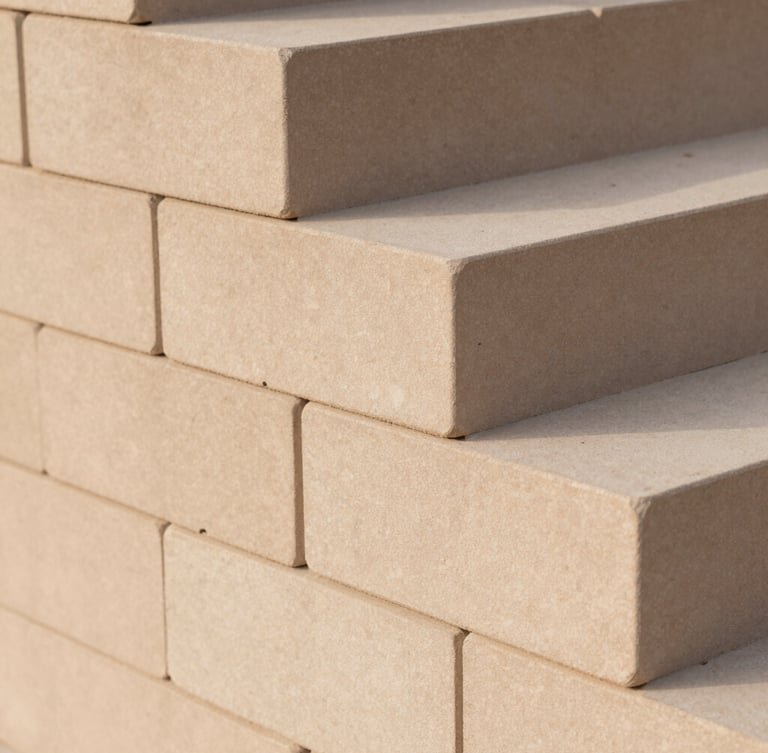 Architectural close-up of hand-carved terracotta blocks stacked in a geometric pattern, soft natural daylight casting gentle shadows, warm neutral tones