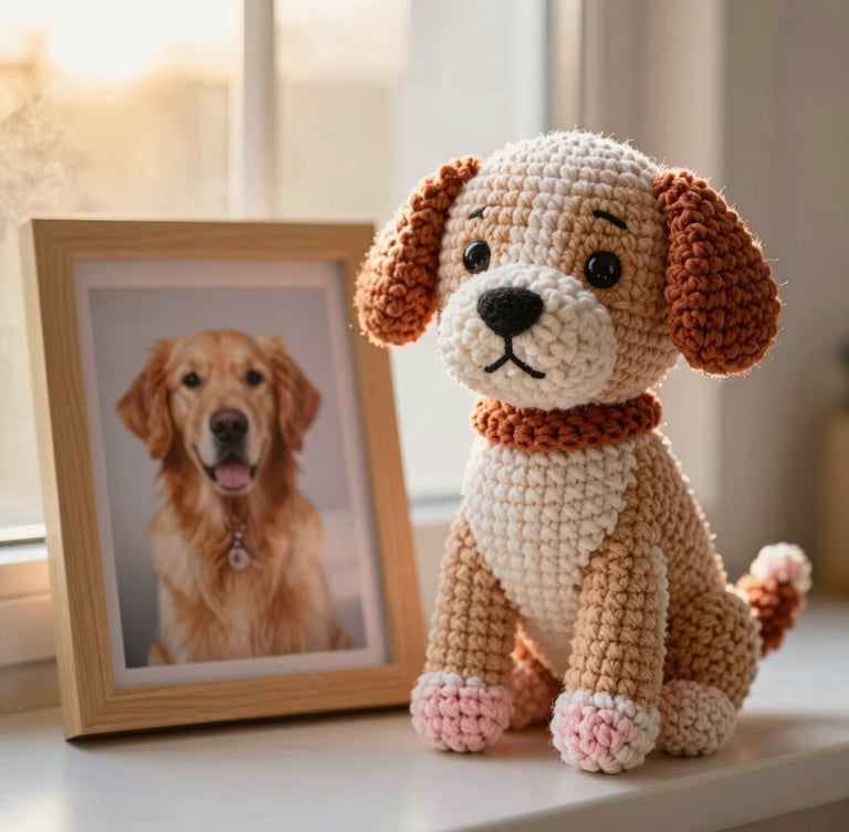 Warm editorial portrait of a custom dog amigurumi sitting next to a framed photo of the real golden retriever that inspired it, golden hour window light, soft textures