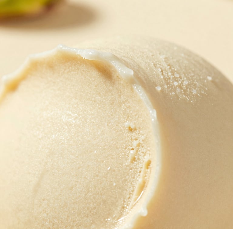 Macro close-up of freshly folded pistachio gelato with rich creamy texture, soft natural daylight, shallow depth of field, warm ivory background