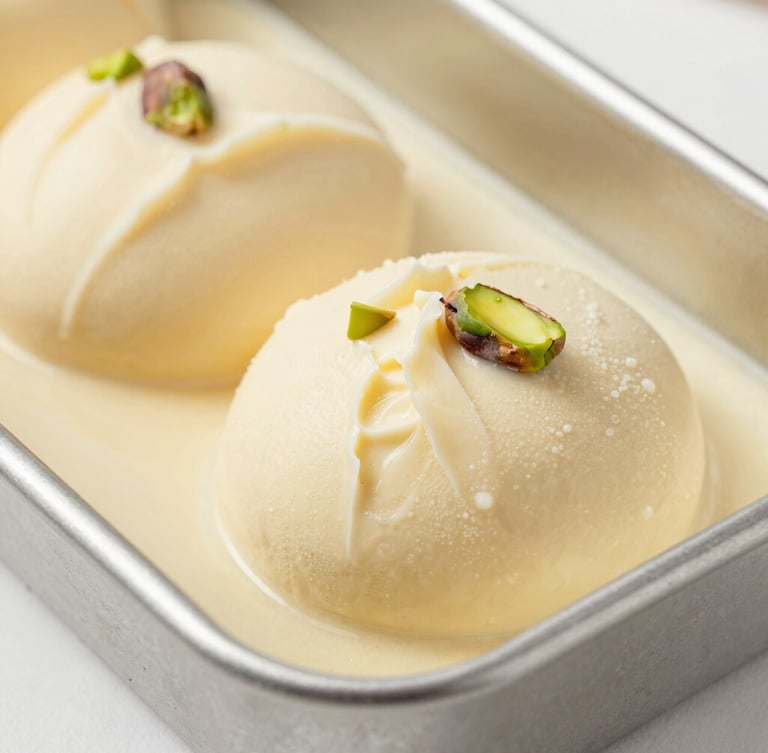 Bright editorial food photography of freshly folded pistachio gelato being sculpted into a metal pan, soft natural daylight, creamy pastel tones, close-up macro lens, shallow depth of field.
