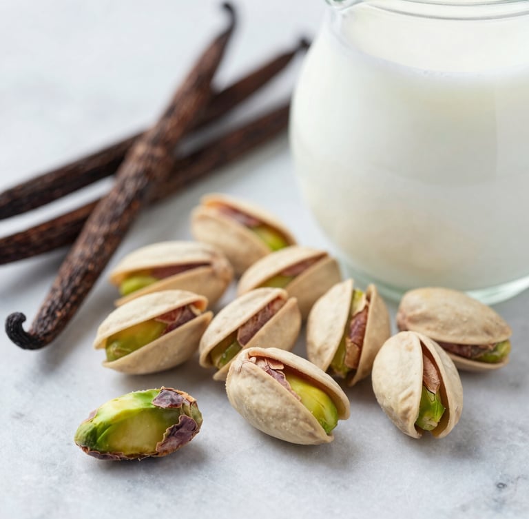 Macro food photography of raw ingredients on a light marble surface, including cracked green pistachios, freshly scraped vanilla beans, and a small jug of fresh local milk, soft natural daylight.