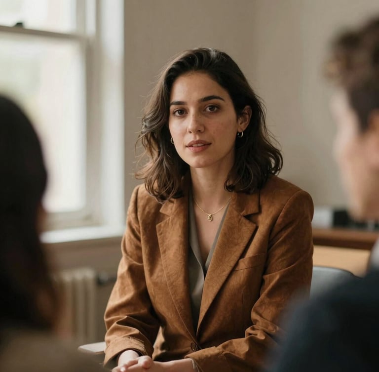 A warm, natural-light environmental portrait of a female executive in collaborative discussion, rich earth tones, shallow depth of field, 35mm grain.
