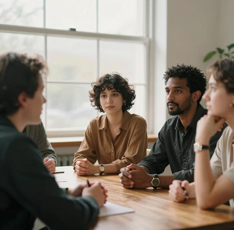 Warm editorial portrait of a diverse leadership team in active, thoughtful conversation around a wooden table, soft natural window light, shallow depth of field