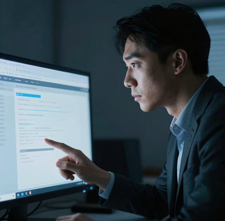 Medium close-up of a focused professional interacting with a clean interface, low-key ambient office light, sharp screen-glow highlights, cool blue and slate tones, shallow depth of field.