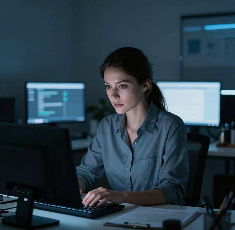 Moody editorial photography, a focused female engineer in a low-key ambient office, cool blue and slate screen-glow highlights, shallow depth of field, high-end tech aesthetic.