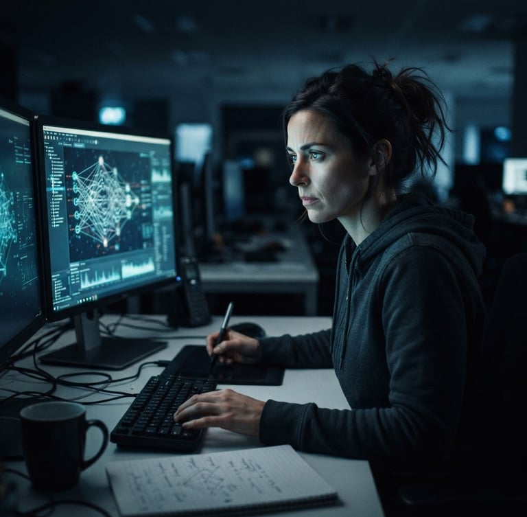 Moody editorial photography of a focused female systems engineer in a low-key ambient corporate workspace, cool blue and slate tones, shallow depth of field, sharp screen-glow highlights reflecting on her face as she analyzes complex neural network data structures.