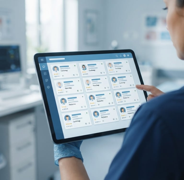 A clean over-the-shoulder view of a modern clinical tablet interface showing structured doctor profiles, sterile blue and white tones, sharp focus, 35mm