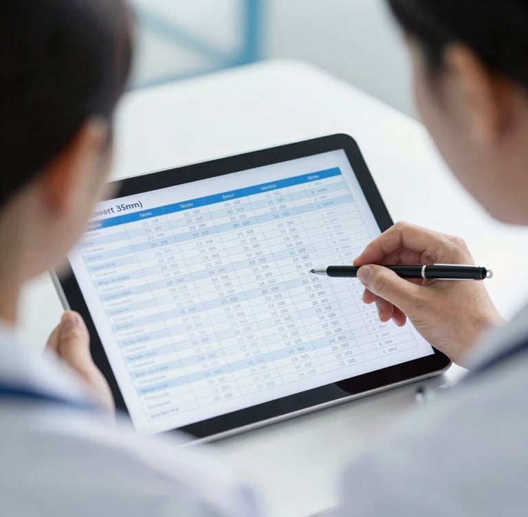 Close-up over-the-shoulder view of a healthcare administrator analyzing structured patient demographic data grids on a modern tablet, clinical bright cool daylight, sterile blue and white tones, sharp focus, professional medical setting, 35mm