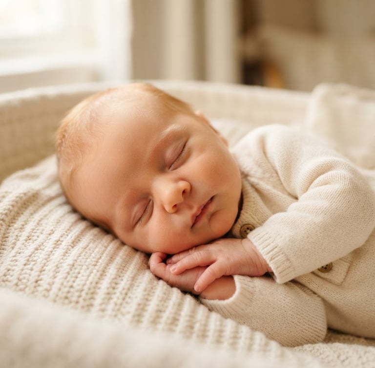 Close-up of a sleeping newborn baby wearing a warm cream organic cotton onesie, soft morning light filtering through a window, shallow depth of field