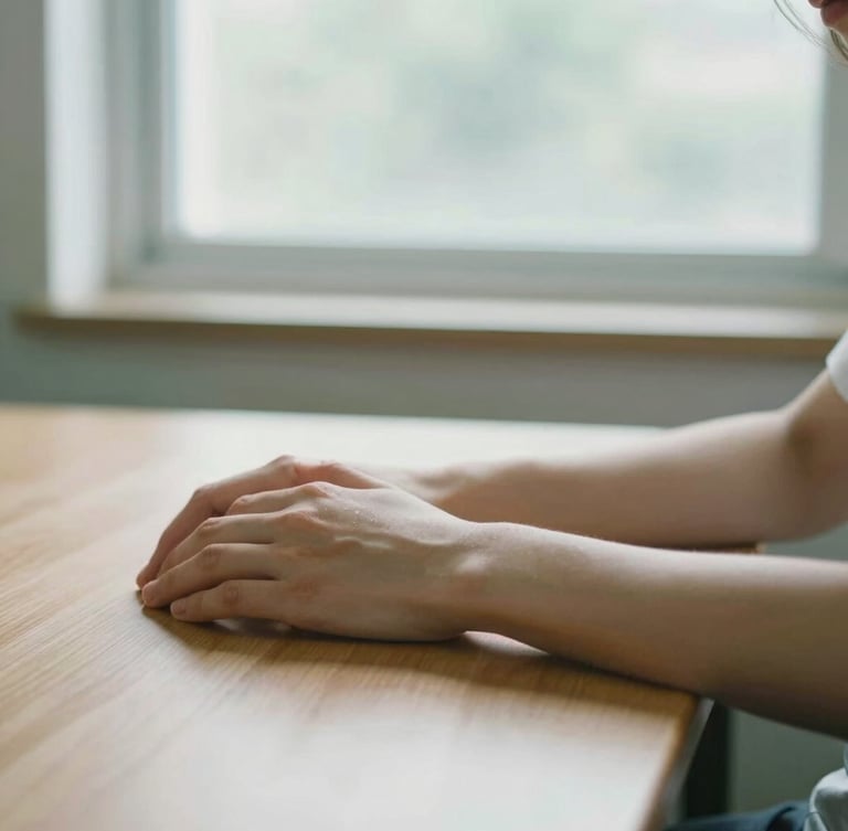 A close-up of relaxed hands resting on a clean wooden desk, soft natural daylight streaming through a window, shallow depth of field.