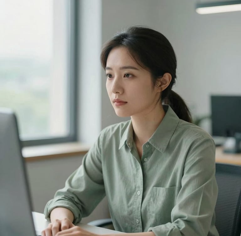 An editorial portrait of a focused, calm professional in a serene, modern office with soft natural window light and muted sage tones, 35mm lens.