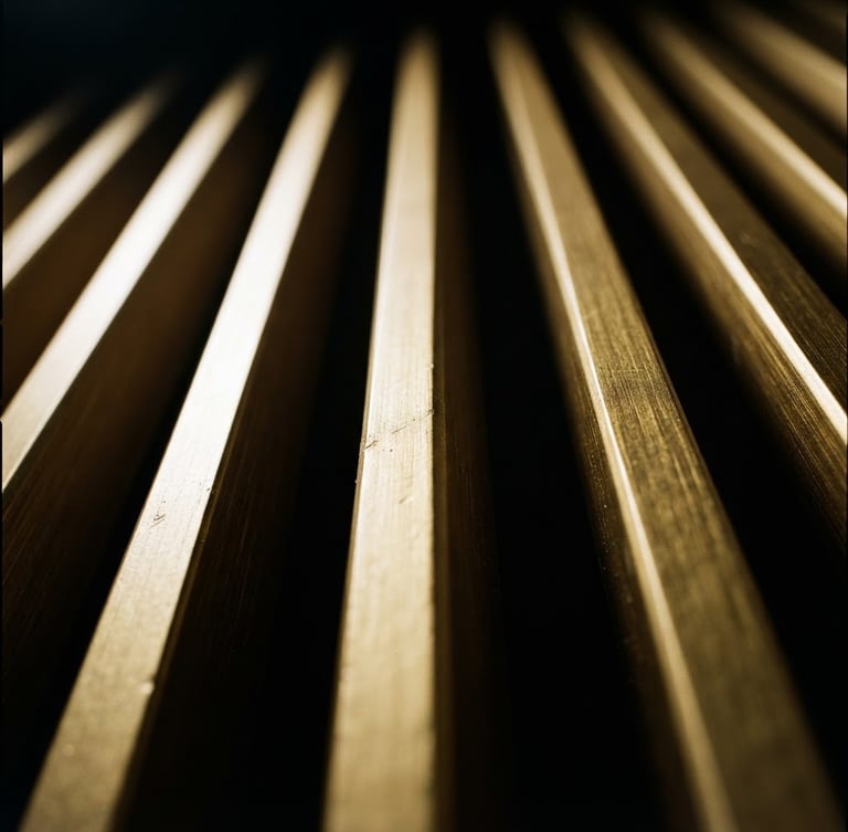 Extreme close-up of gold WPC louver ridges reflecting dramatic directional studio light, high-contrast, black and gold tones, 35mm lens.