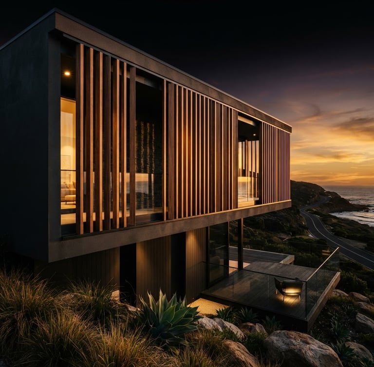 Cinematic architectural photography of a luxury residential exterior featuring WPC louvers, dramatic sunset lighting, sharp shadows, 35mm lens