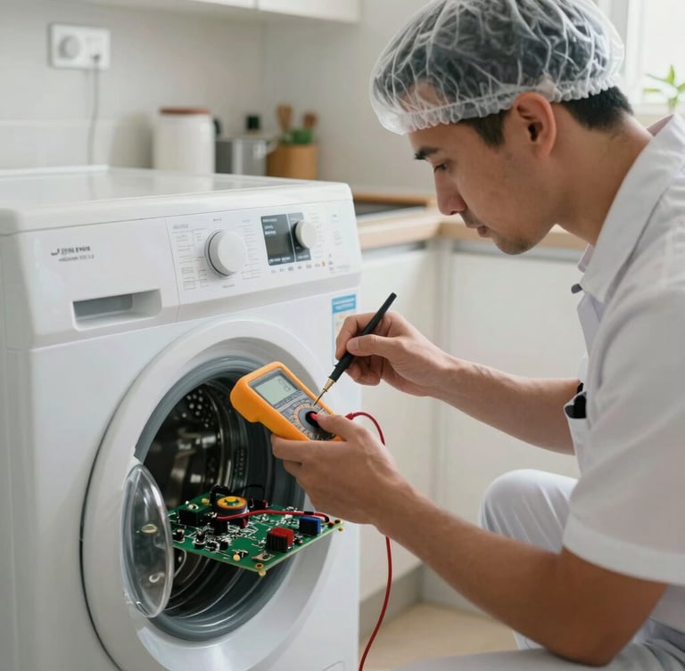 A close-up of a uniformed technician wearing clean shoe covers using a digital multimeter to test a high-end washing machine control board in a bright Dubai apartment kitchen.