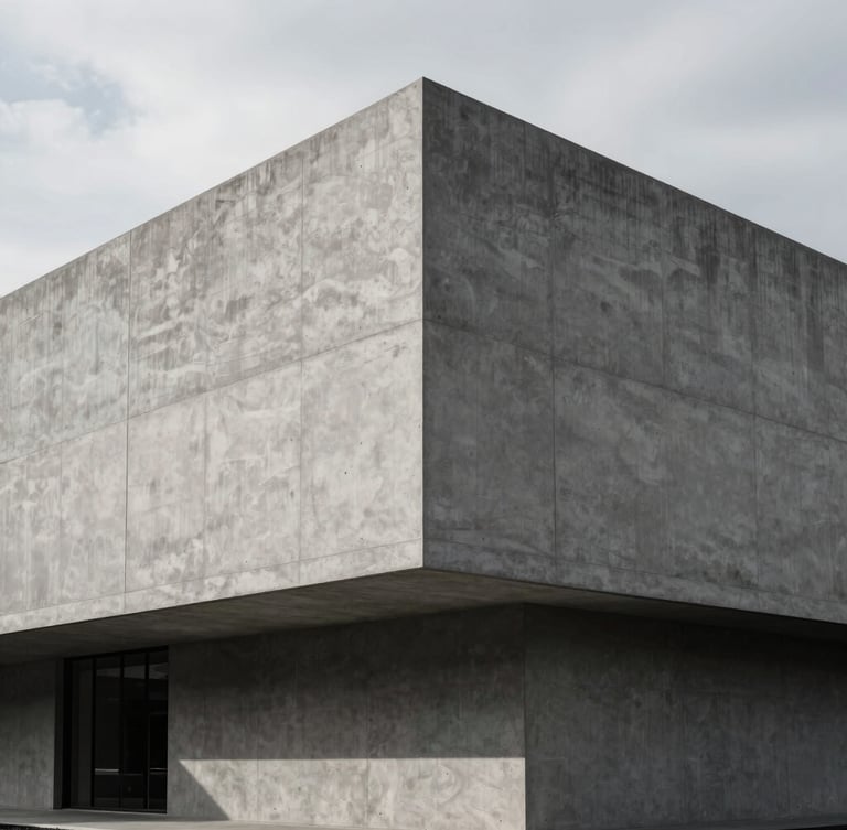 Wide architectural angle of a modern minimalist concrete building facade under overcast daylight, sharp structural lines, high-contrast shadows, 35mm lens