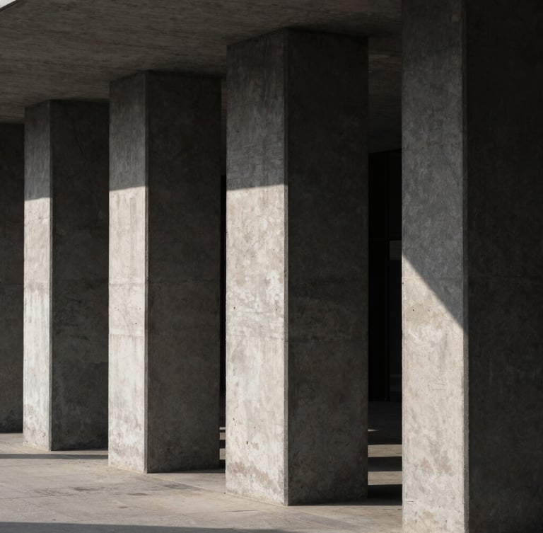 Wide architectural angle of concrete structural columns with high-contrast sharp side lighting and deep shadows, 35mm editorial photography style