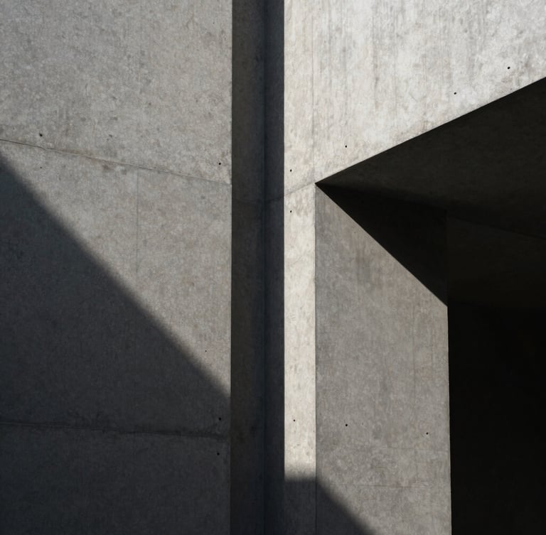 Extreme close-up of high-contrast architectural shadows on a raw concrete wall, minimalist structural lines, sober editorial photography, 35mm lens