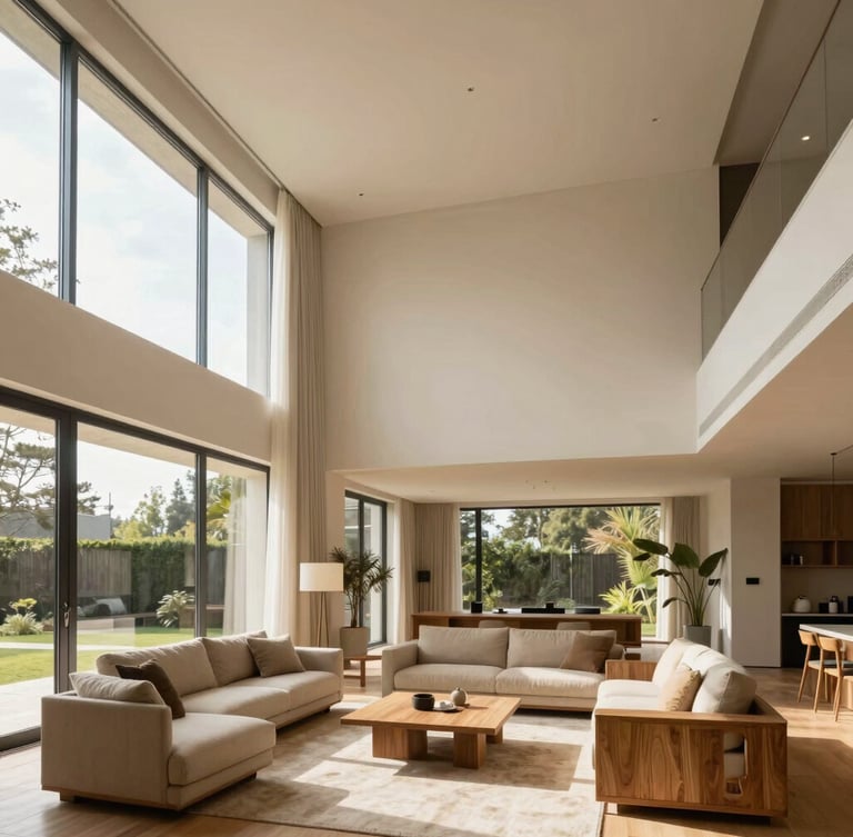 Interior of a modern living room, high ceilings, large floor-to-ceiling windows with natural daylight streaming in, minimal warm sand and oak wood furniture, architectural editorial photography