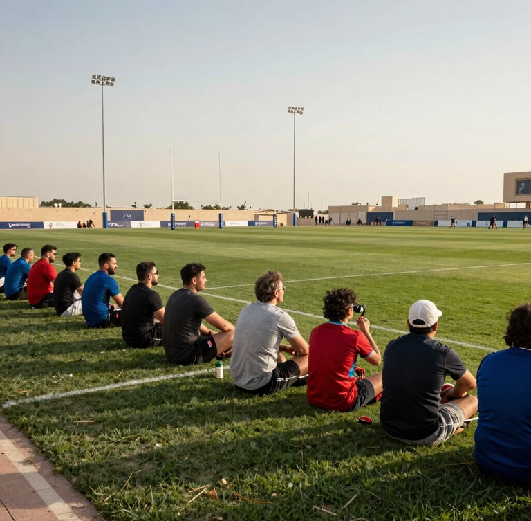 Families and supporters cheering from the sidelines of a lush green rugby pitch under warm late-afternoon Dubai sun
